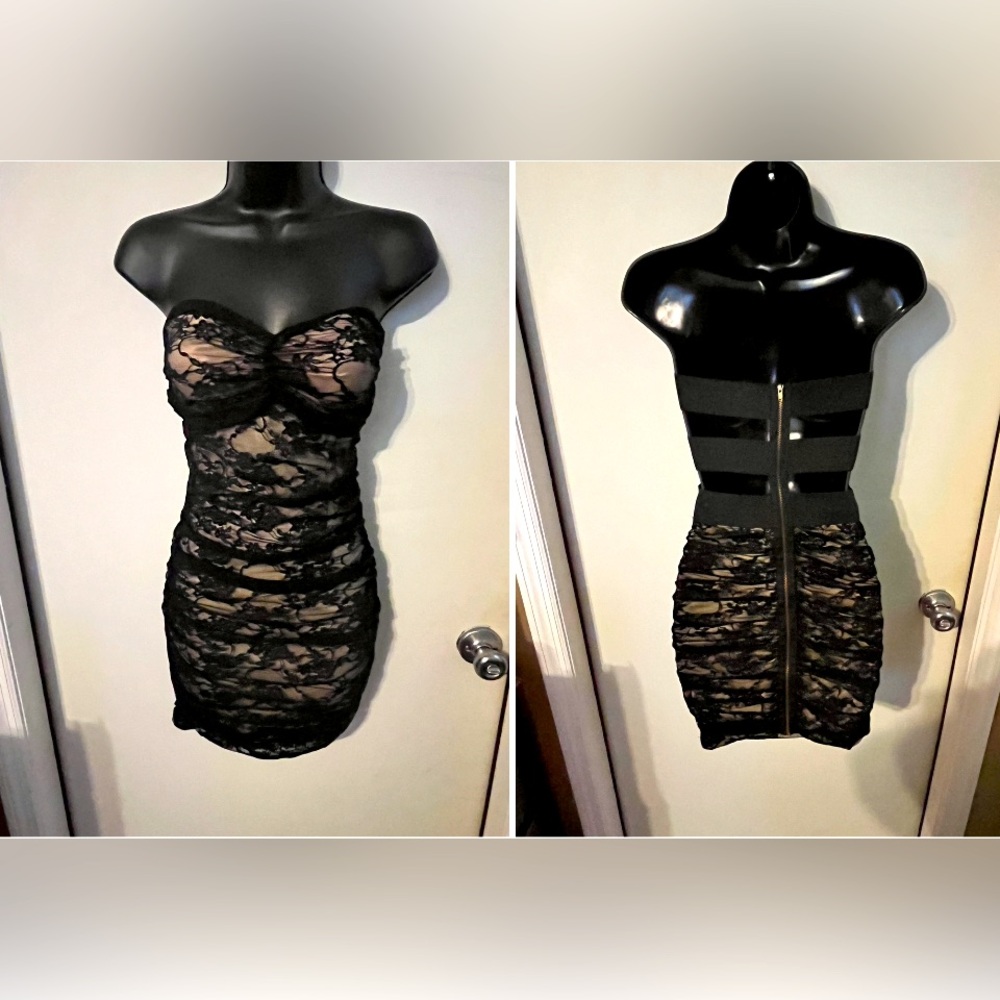 Mystic Black Lace Strapless Open Back Back Zip Dress Size Small